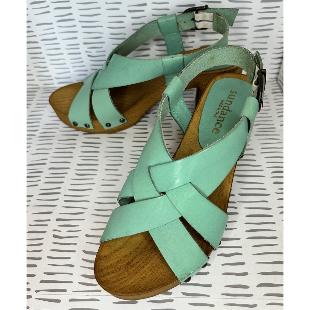 Sundance Denira Mint Green Leather Wood Clog Sandals Made in Italy EU 37 Boho